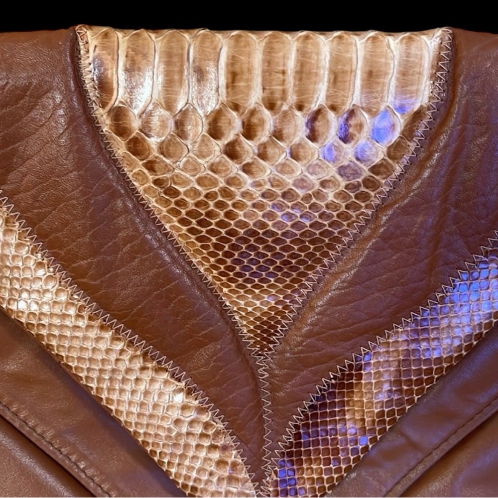 Vintage 1970s Brown Genuine Python Snakeskin & Le… - image 3